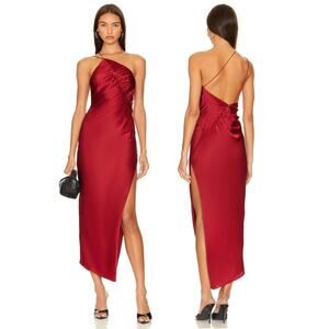 The Sei Leaf Gown 100% Silk Midi Dress Satin Ruched Party Formal Classy Red Sz 0